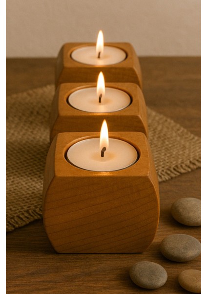 3'lü Ahşap Mumluk Seti, Dekoratif ve Şık Minimal Tasarım, Kahverengi fırsatları