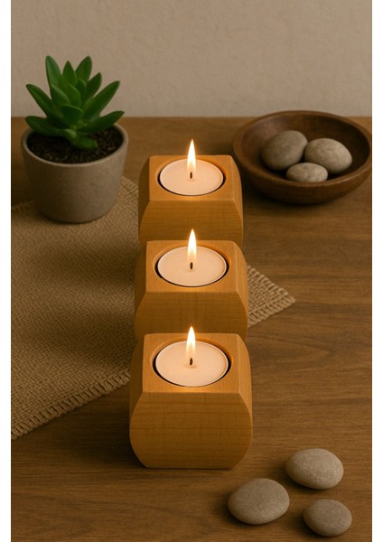 3'lü Ahşap Mumluk Seti, Dekoratif ve Şık Minimal Tasarım, Kahverengi indirimleri