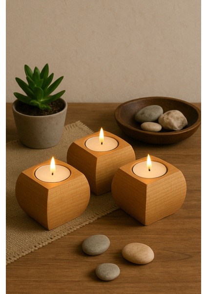 3'lü Ahşap Mumluk Seti, Dekoratif ve Şık Minimal Tasarım, Kahverengi