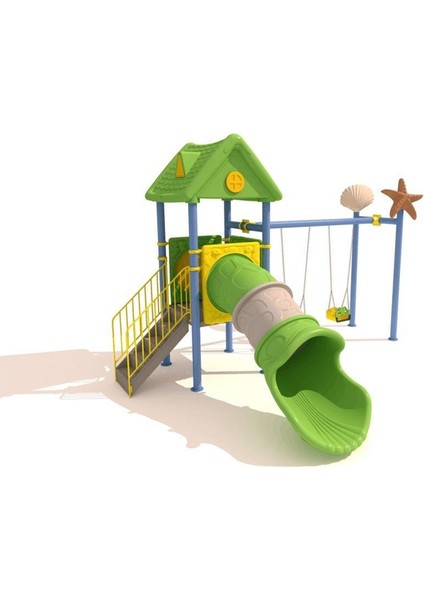 Tüp Kaydıraklı 2 Salıncaklı - Deniz Yıldızı ve Kabuğu Figürlü Çocuk Oyun Parkı Modeli