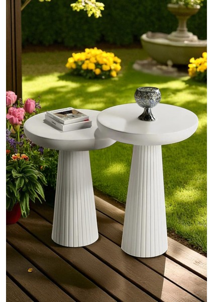 Üst Kalite 2'li Çizgili Fitilli Mantar Yan Sehpa (Büyük ve Orta Boy) - Beyaz