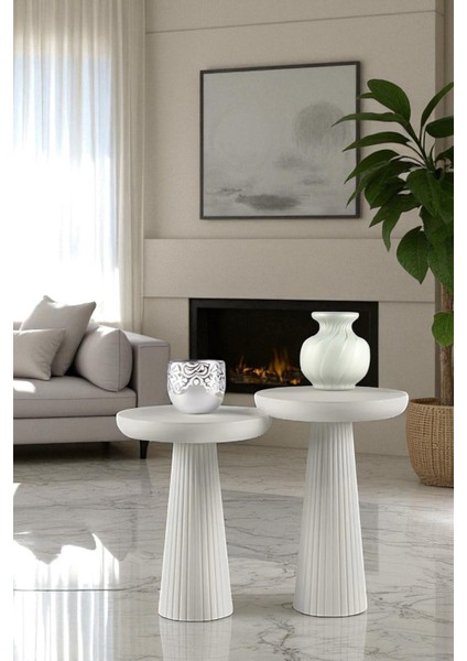 Üst Kalite 2'li Çizgili Fitilli Mantar Yan Sehpa (Büyük ve Orta Boy) - Beyaz modelleri