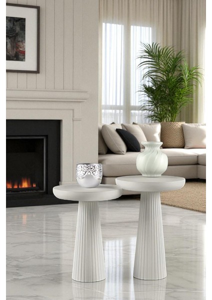 Üst Kalite 2'li Çizgili Fitilli Mantar Yan Sehpa (Büyük ve Orta Boy) - Beyaz fırsatları