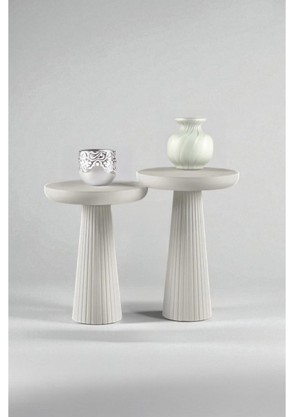 Üst Kalite 2'li Çizgili Fitilli Mantar Yan Sehpa (Büyük ve Orta Boy) - Beyaz indirimleri