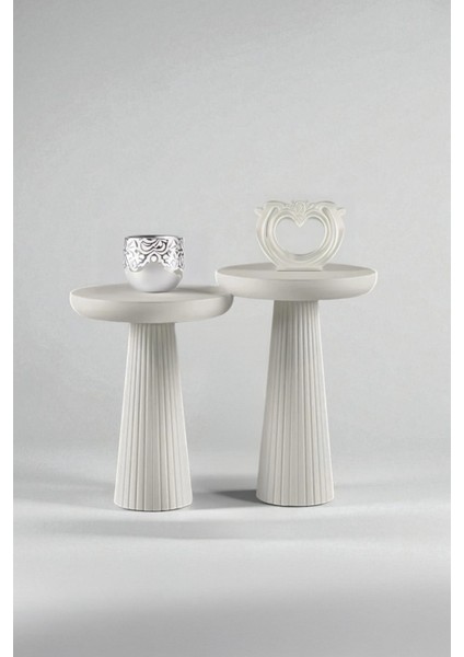 Üst Kalite 2'li Çizgili Fitilli Mantar Yan Sehpa (Büyük ve Orta Boy) - Beyaz