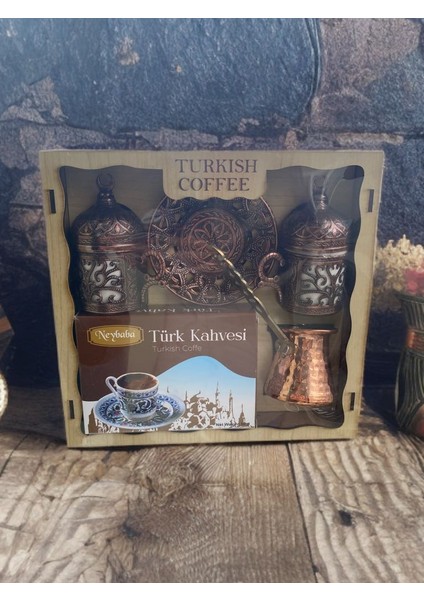 Ahşap Kutulu Iki Fincanlı, Cezveli Bakır Türk Kahvesi Seti fiyatları