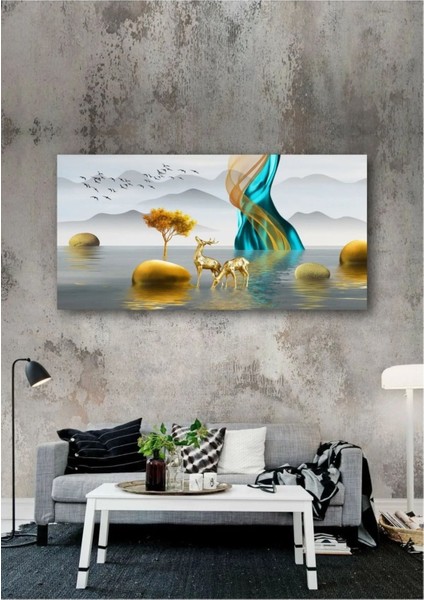Renkli Su Içen Altın Geyikler Kanvas Tablo AR030564