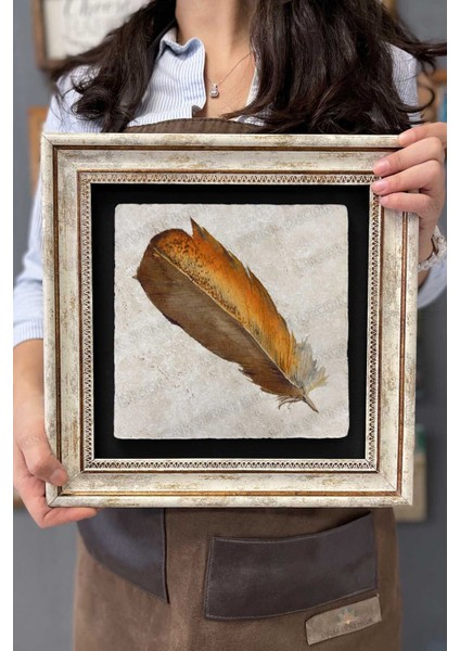 Renkli Kuş Tüyü Çerçeveli Taş Duvar Tablosu 30X30 cm