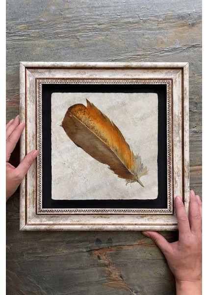 Renkli Kuş Tüyü Çerçeveli Taş Duvar Tablosu 30X30 cm fiyatları