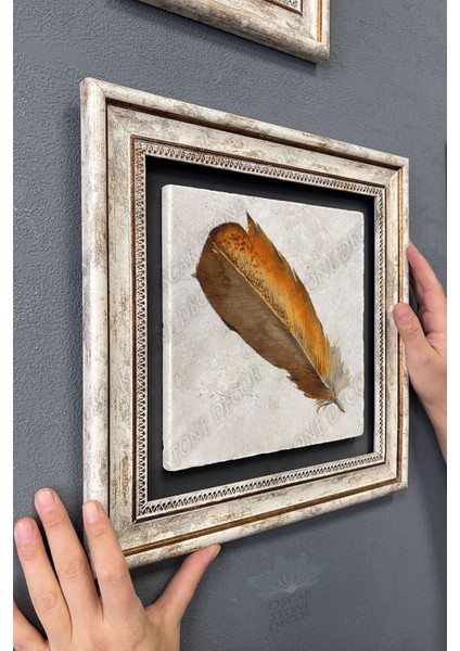 Renkli Kuş Tüyü Çerçeveli Taş Duvar Tablosu 30X30 cm modelleri