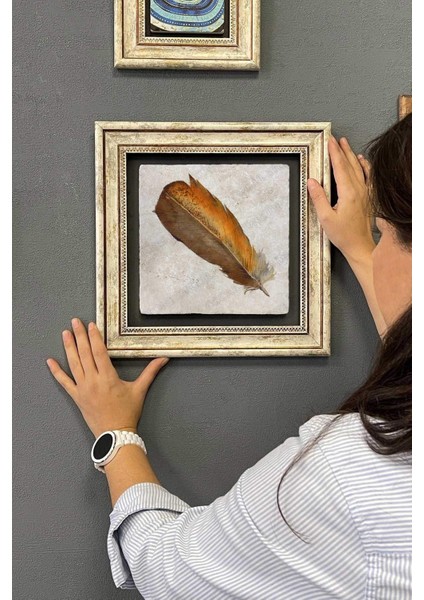 Renkli Kuş Tüyü Çerçeveli Taş Duvar Tablosu 30X30 cm