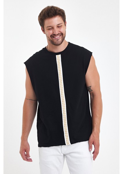 Sıfır Kol Bohem Tişört Misket Yaka Etnik Desenli