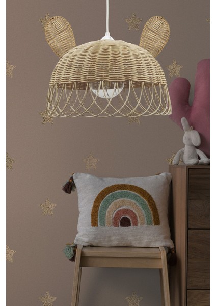 Bambu ve Hasır Sarkıt Avize, Çocuk Odası, Sevimli Hayvan Figürleri, 35 cm Çap, 27 cm Yükseklik