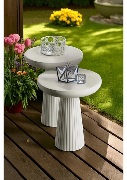 Üst Kalite 2'li Çizgili Fitilli Mantar Yan Sehpa (Küçük ve Orta Boy) - Beyaz