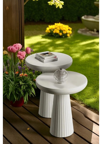 Üst Kalite 2'li Çizgili Fitilli Mantar Yan Sehpa (Küçük ve Orta Boy) - Beyaz modelleri