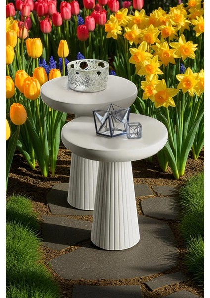 Üst Kalite 2'li Çizgili Fitilli Mantar Yan Sehpa (Küçük ve Orta Boy) - Beyaz indirimleri