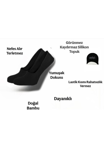 Bambu Kadın Babet Dikişsiz Siyah ve Beyaz Çorap Görünmez Kaydırmaz Topuk Silikonlu 6'lı Paket modelleri