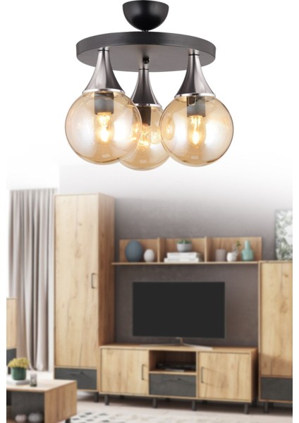 Şık 3'lü Plafonyer, Bal Glop Cam Detaylı Krom Avize, Modern ve Zarif Tasarım