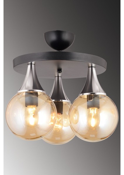 Şık 3'lü Plafonyer, Bal Glop Cam Detaylı Krom Avize, Modern ve Zarif Tasarım modelleri