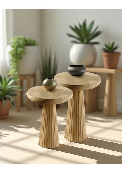 Üst Kalite 2'li Çizgili Fitilli Mantar Yan Sehpa (Büyük ve Orta Boy) –doğal