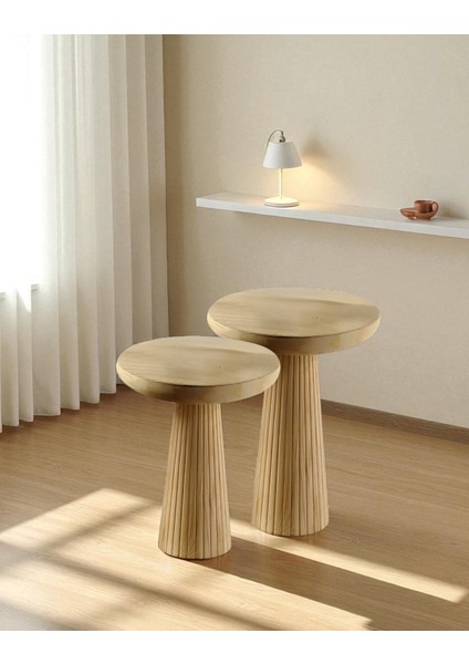 Üst Kalite 2'li Çizgili Fitilli Mantar Yan Sehpa (Büyük ve Orta Boy) –doğal