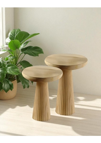 Üst Kalite 2'li Çizgili Fitilli Mantar Yan Sehpa (Büyük ve Orta Boy) –doğal
