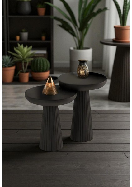 Üst Kalite 2'li Çizgili Fitilli Mantar Yan Sehpa (Küçük ve Orta Boy) – Siyah