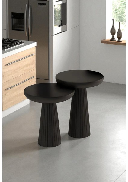 Üst Kalite 2'li Çizgili Fitilli Mantar Yan Sehpa (Küçük ve Orta Boy) – Siyah modelleri