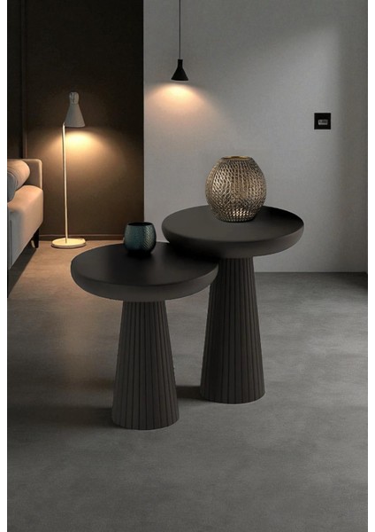 Üst Kalite 2'li Çizgili Fitilli Mantar Yan Sehpa (Küçük ve Orta Boy) – Siyah fırsatları