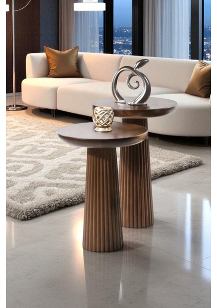 Üst Kalite 2'li Çizgili Fitilli Mantar Yan Sehpa (Büyük ve Orta Boy) – Ceviz