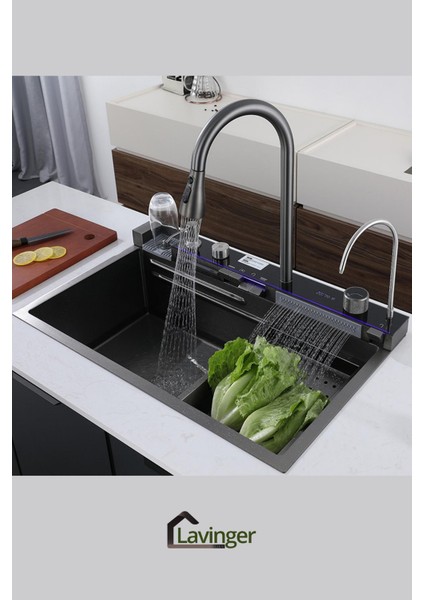 Premium Mutfak EVYESI–SUS304 Paslanmaz Çelik, LED Işıklı, Çok Amaçlı Yıkama+Doğrama Seti 9 Fonks.