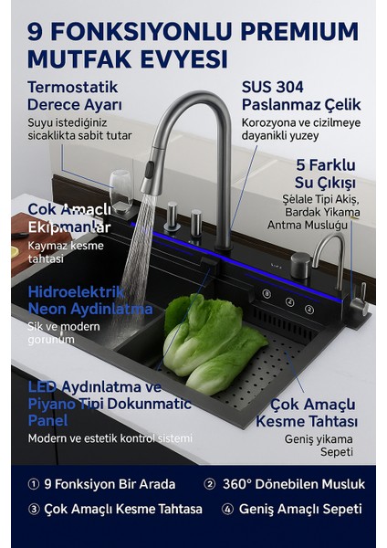 Premium Mutfak EVYESI–SUS304 Paslanmaz Çelik, LED Işıklı, Çok Amaçlı Yıkama+Doğrama Seti 9 Fonks. fiyatları