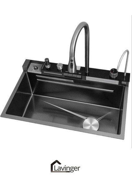 Premium Mutfak EVYESI–SUS304 Paslanmaz Çelik, LED Işıklı, Çok Amaçlı Yıkama+Doğrama Seti 9 Fonks.