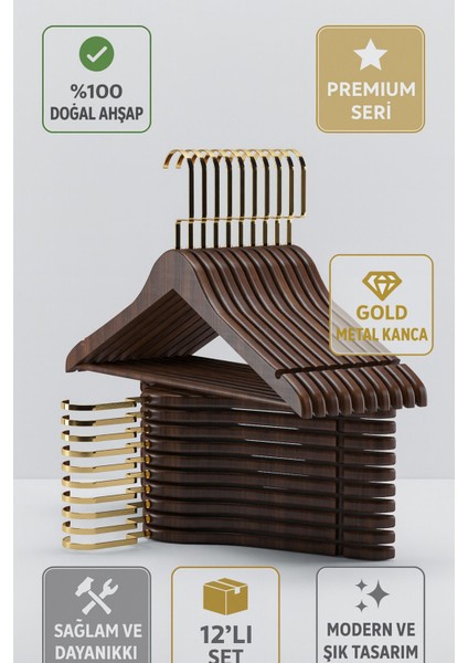 Şık Ceviz Ahşap Askı Seti, Gold Kancalı, Gömlek ve Elbise Için 12 Adet