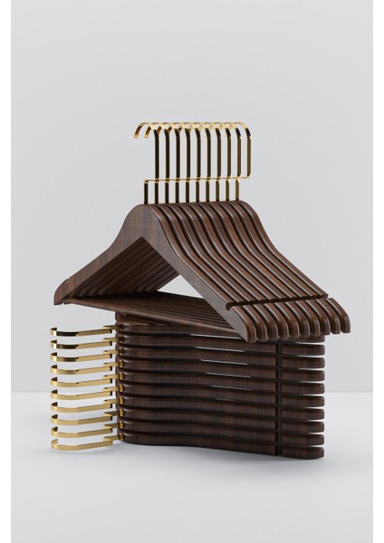 Şık Ceviz Ahşap Askı Seti, Gold Kancalı, Gömlek ve Elbise Için 12 Adet