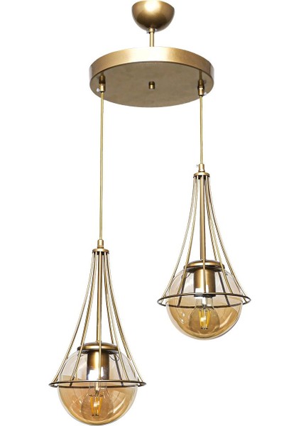 Şık Eskitme Bal Glop Camlı 2’li Avize, Modern ve Zarif Aydınlatma Seçeneği