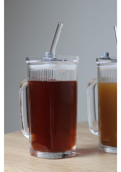 Turuncu Kare Kapaklı Cam Bardağı, Pipetli, Buzlu Kahve Için Şık Tasarım