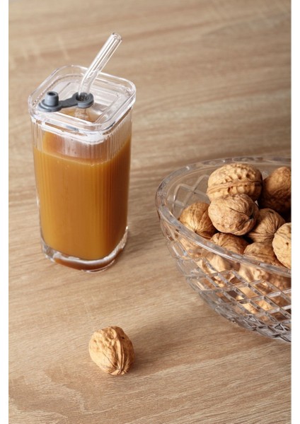 Turuncu Kare Kapaklı Cam Bardağı, Pipetli, Buzlu Kahve Için Şık Tasarım