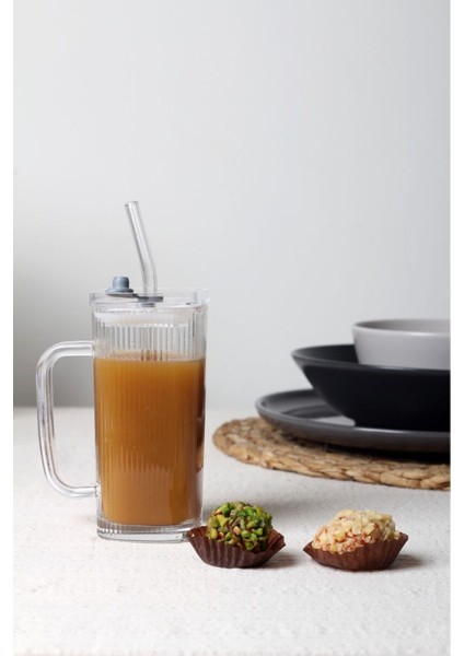 Turuncu Kare Kapaklı Cam Bardağı, Pipetli, Buzlu Kahve Için Şık Tasarım