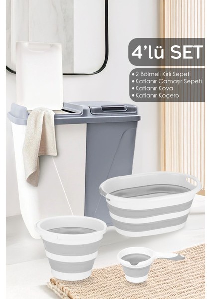 4'lü Gri Set, 90 Lt Iki Bölmeli Katlanabilir Çamaşır Sepeti ve Su Kovası
