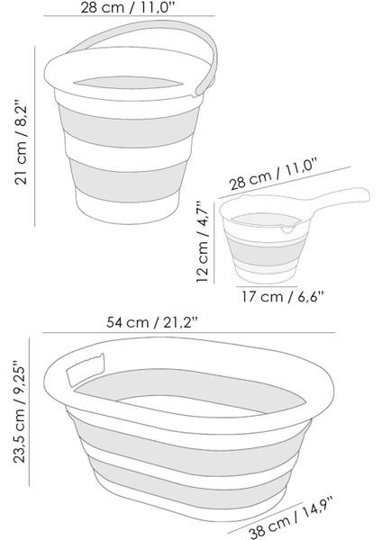 4'lü Gri Set, 90 Lt Iki Bölmeli Katlanabilir Çamaşır Sepeti ve Su Kovası