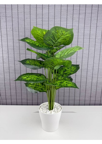 Yapay Çiçek Difenbahya 18 Yapraklı 65 cm Salon Çiçeği Beyaz Plastik Saksılı Yapay Bitki