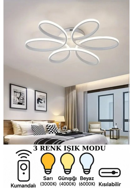 6'lı Beyaz Renkli Modern LED Plafonyer, Üç Renk Işık, Kumandalı, Salon, Mutfak, Hol