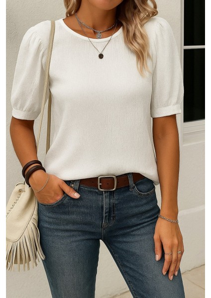 Kadın Kısa Kollu Pileli Balın Kol Bürümcük Bluz