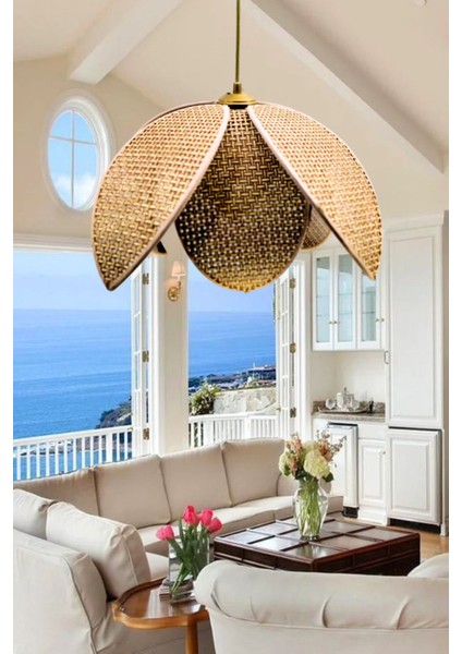 Kahverengi Hasır Hazeran Rattan Palmiye Model Sarkıt Avize, Bohem ve Şık Tasarım