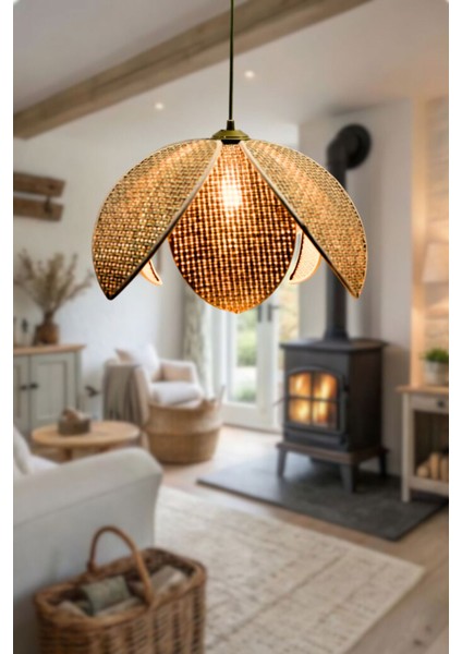 Kahverengi Hasır Hazeran Rattan Palmiye Model Sarkıt Avize, Bohem ve Şık Tasarım fiyatları