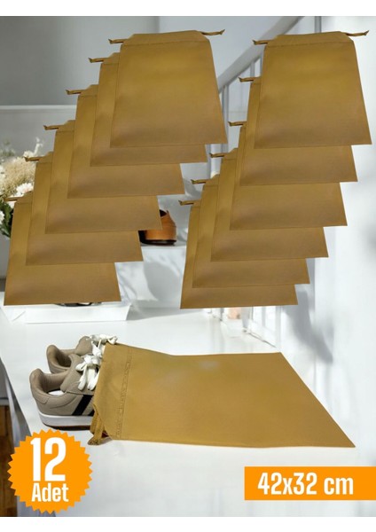 12'li Bej Büzgülü Çok Amaçlı Ayakkabı Saklama Çantası Seti