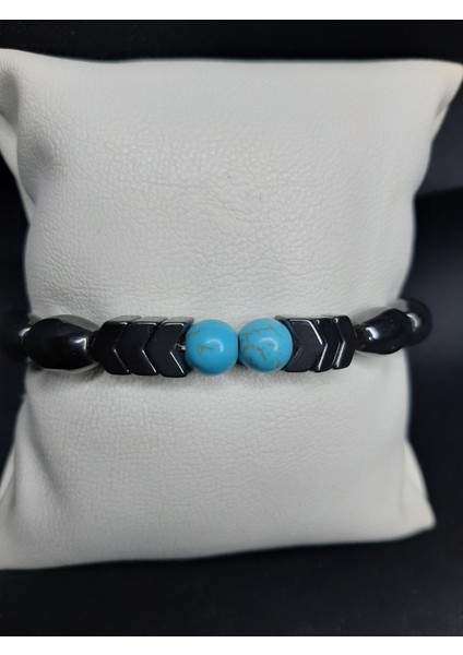 Mryart Mavi Akik Taşı ve Metalik Füme Oniks Taşlı Unisex Bileklik