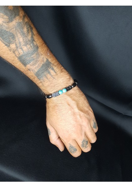 Mryart Mavi Akik Taşı ve Metalik Füme Oniks Taşlı Unisex Bileklik modelleri
