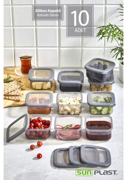 10'lu Sızdırmaz Silikon Kapaklı Kahvaltı ve Saklama Seti, Gri